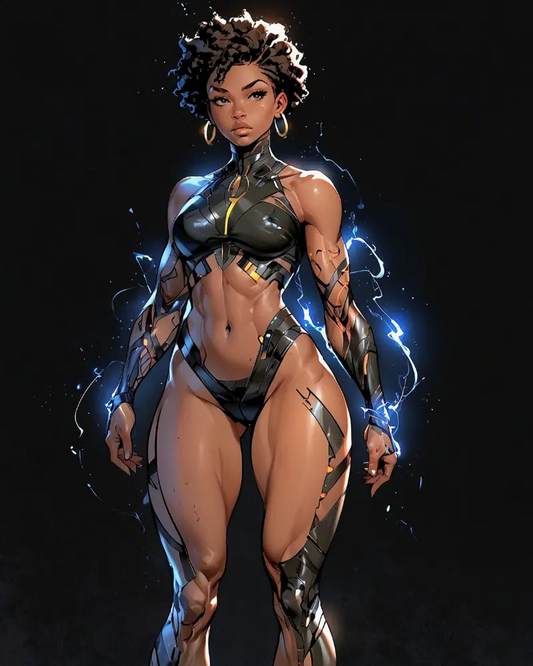 Ebony Cyberpunk Anime Girl Art Print Poster (16 × 20 in.) - Electric Storm Goddess | Bio-Armor Wall Art M. Digital Artz