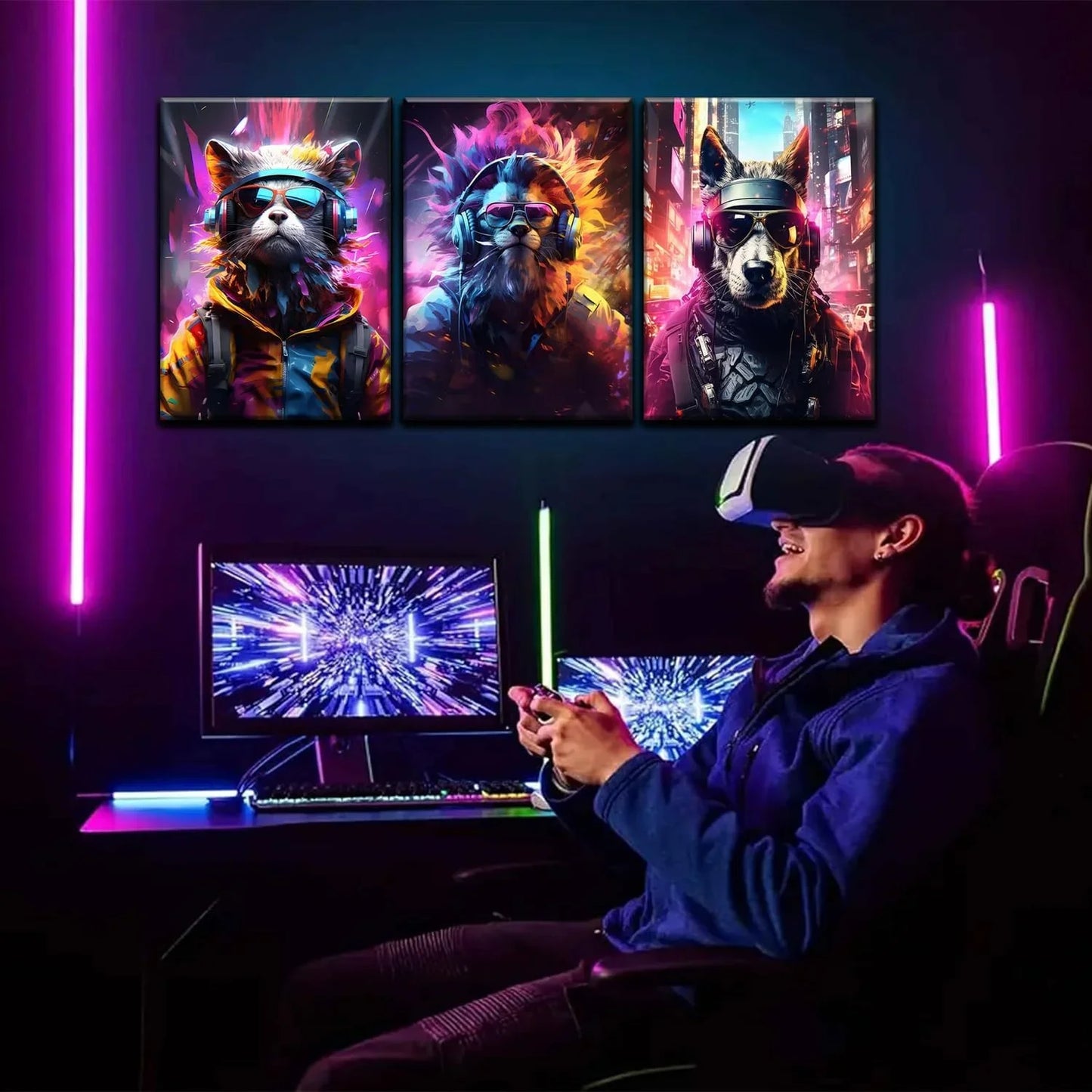 Vibrant Cyberpunk Animal Gaming Posters - Set of 3 Framed Wall Art Prints - M. Digital Artz