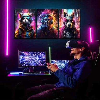Vibrant Cyberpunk Animal Gaming Posters - Set of 3 Framed Wall Art Prints - M. Digital Artz