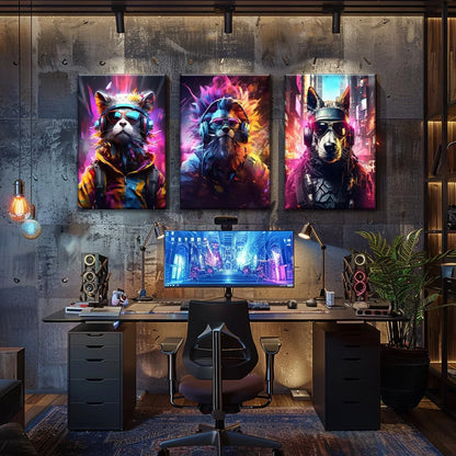 Vibrant Cyberpunk Animal Gaming Posters - Set of 3 Framed Wall Art Prints - M. Digital Artz