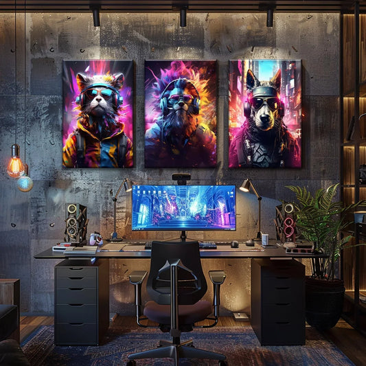 Vibrant Cyberpunk Animal Gaming Posters - Set of 3 Framed Wall Art Prints - M. Digital Artz