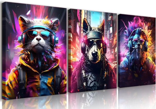 Vibrant Cyberpunk Animal Gaming Posters - Set of 3 Framed Wall Art Prints - M. Digital Artz