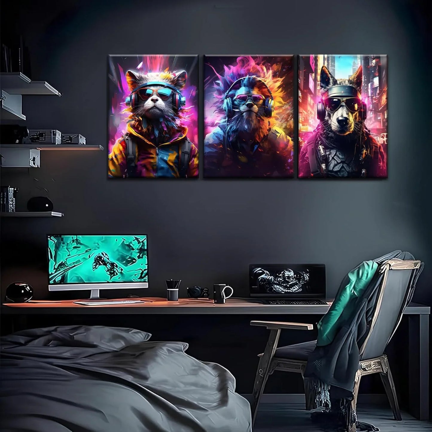 Vibrant Cyberpunk Animal Gaming Posters - Set of 3 Framed Wall Art Prints - M. Digital Artz