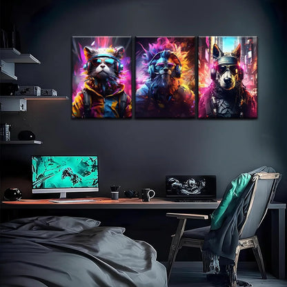 Vibrant Cyberpunk Animal Gaming Posters - Set of 3 Framed Wall Art Prints - M. Digital Artz