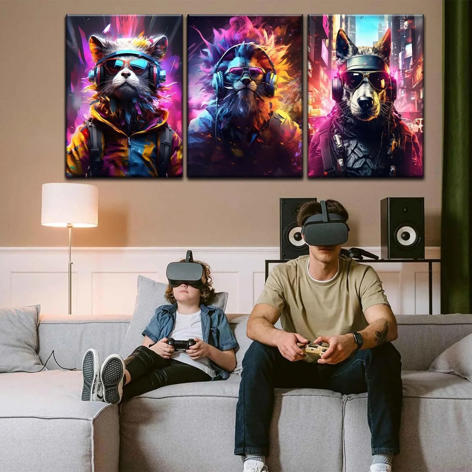 Vibrant Cyberpunk Animal Gaming Posters - Set of 3 Framed Wall Art Prints - M. Digital Artz