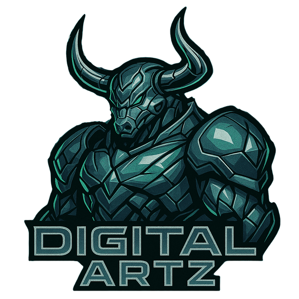 Stylized bull logo with 'M Digital Artz' text on a dark background
